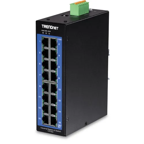 TRENDnet TI-G160i V1.0R 16-Port Gigabit Switch - Industrieller 16-Port L2 Managed DIN-Rail-Switch für zuverlässige Netzwerkverbindungen, ideal für industrielle Anwendungen und robuste Umgebungen.
