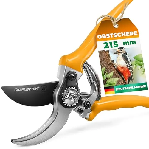 GRÜNTEK SPECHT: Garten-Schere für Rosen, Blumen, Obst & Zweige – Ergonomische Bypass-Rebschere mit SK5 Stahl-Klinge, Antihaftbeschichtung, rutschfestem Griff, 215mm