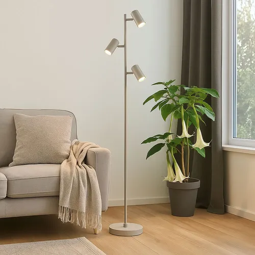 Moderne Stehlampe Standleuchte Leselampe sandfarben mit drehbaren Köpfen - Stehleuchte aus sandfarbenem Metall mit drei dreh- und schwenkbaren GU10-Leuchtköpfen für flexibles Licht – ideal für Wohnzimmer oder Büro. Fußschalter für komfortable Bedienung.