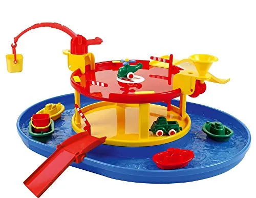 Vikingtoys 5000 Viking City Hafen & Garage Wasserspiel 2 Geschosse 11 Teile - Wasserbahn Drehrad Kran schwenkbar Rampe Boot Schiff Auto Hubschrauber Schranke - Kunststoff - 69 cm - Kinder ab 1 Jahr