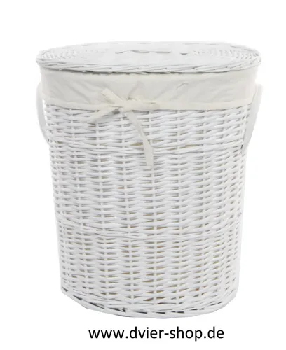 Wäschekorb Oval 60L mit Bezug und Deckel - Wäschesammler aus geflochtener Weide in Weiß, ideal für Badezimmer oder Schlafzimmer. Mit herausnehmbarem, waschbarem Bezug und praktischen Handgriffen für einfachen Transport.