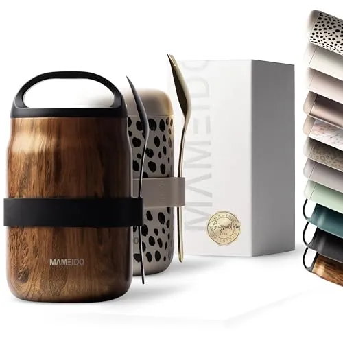 MAMEIDO Thermobehälter 800 ml aus Edelstahl mit integriertem Besteck - Thermobehälter aus Edelstahl, vakuum-isoliert und auslaufsicher, ideal für Picknick und Mealprep. Inklusive integriertem Henkel und Gabel-Löffel-Besteck.
