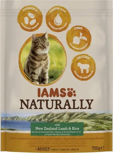 IAMS Naturally Trockenfutter für ausgewachsene Katzen - 700 g, mit hochwertigem Lamm und Reis aus Neuseeland für eine gesunde Ernährung