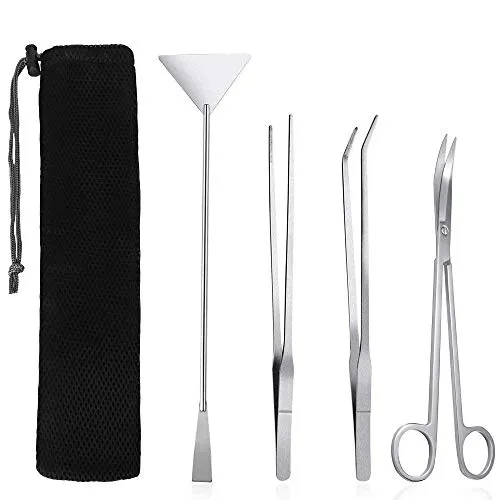 SlowTon Edelstahl Aquarium Werkzeug Set, 4 in 1 Aquascape Tool mit lang Pinzette Schere Spatel, multifunktionales Aquarium Besteck für Einsteiger Aquarienpflanzenkies Reinigen
