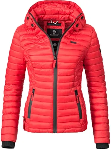 MARIKOO Damen Übergangsjacke mit Kapuze – Steppjacke in Rot, Gr. XS - Funktionsjacken: Taillierte, wasserabweisende Steppjacke mit Kapuze, ideal für die Übergangszeit und vielseitig kombinierbar – perfekter Begleiter für jede Outdoor-Aktivität!