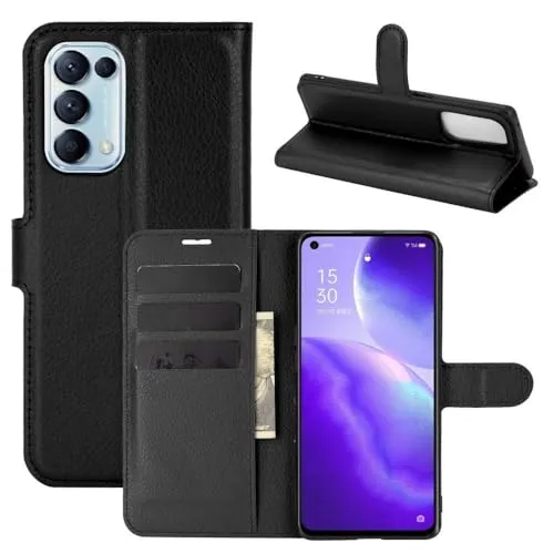 Handyhülle Kompatibel mit Oppo Reno 5 5G | Premium Qualität TPU Klapphülle für Reno 5 5G mit Kartenfächern | Magnetverschluss Handyhülle | Schwarz