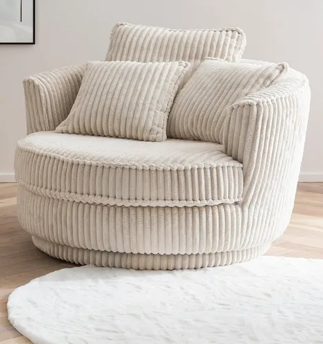 Furn.Design Loveseat Comfy - Drehbarer Love Seat in Wollweiß, 120 x 120 cm - XXL Sessel mit 360° drehbarem Design, gepolstertem Komfort und hochwertigem Cordbezug für stilvolle Entspannung in Ihrem Zuhause.