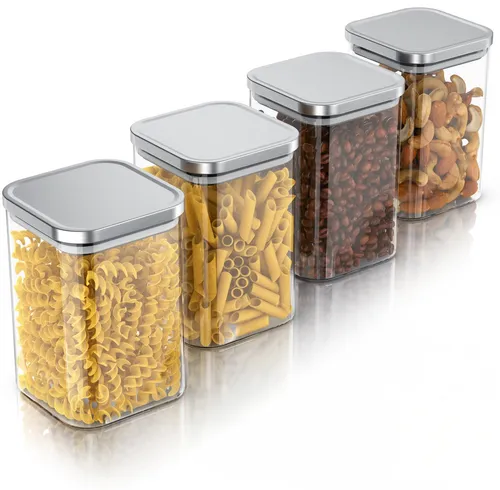 Arendo Aufbewahrungsbecher Glasbehälter-Set 4x 1,2 L Borosilikat quadratisch mit Bambusdeckel, Borosilikatglas, Edelstahl, Silikon, (Vorratsbehälter-Set, 4-tlg., 4er Set), luftdicht, hitze & kältebeständig, Mikrowellen & spülmaschinengeeignet