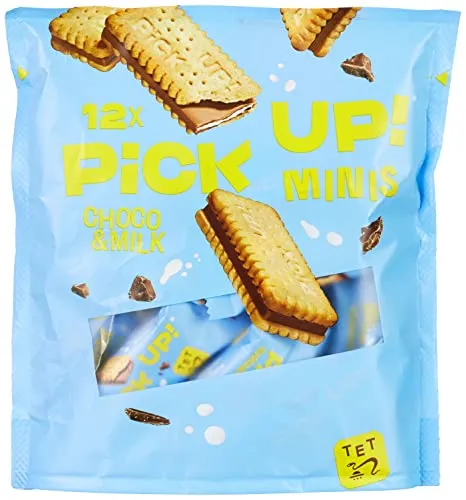 PiCK UP! minis Choco&Milk (1 x 127 g), Mini-Riegel mit knackiger Milchschokolade und Milchcreme zwischen zwei Keksen, der Snack zum Teilen, 1 x 12er Beutel