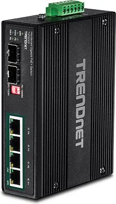 TRENDnet TI-PG62B Switch 4 x PoE+ und 2 x SFP - Unmanaged Netzwerk-Switch mit 6 Anschlüssen, 120 W PoE-Budget und robustem Design für zuverlässige Netzwerkanwendungen, ideal für DIN-Schienen- und Wandmontage.