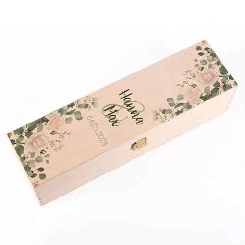 Herz & Heim® Personalisierte Holz-Weinbox – Hochzeitsgeschenk mit Namen & Datum – Edle Geschenkbox aus Holz für Weinflaschen – Bedruckte Weinkiste zur Hochzeit & Jubiläum (Rosen)