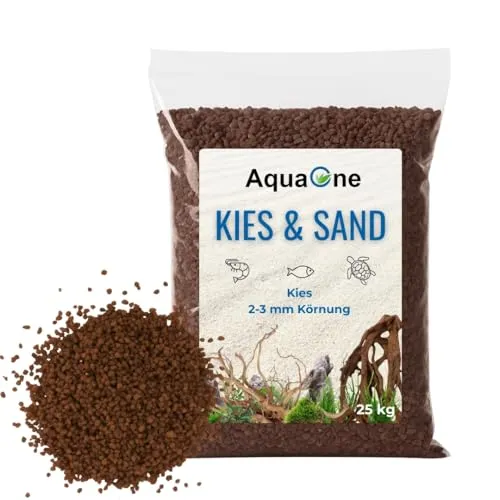 AquaOne Aquarium Kies 25 kg Bodengrund braun 2-3 mm I Aquariumkies Premium Qualität I Quarzkies abgerundete Körnung I Aquariumkies Deko Aquascaping Dekoration