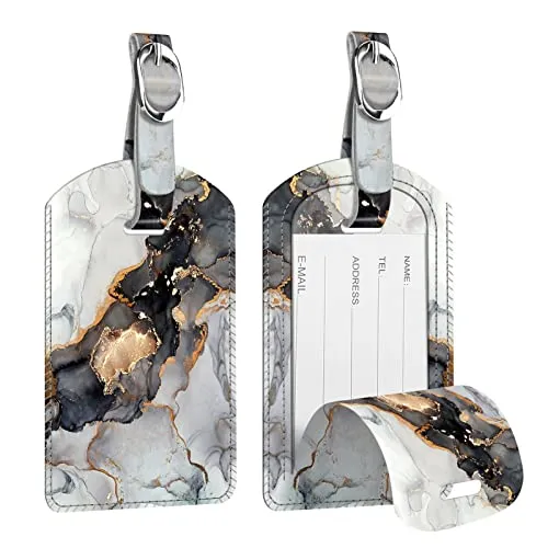 [2 Stück] Fintie Kofferanhänger aus Kunstleder, Gepäckanhänger ID Etikett mit Adressschild Namenschild für Reisetasche Koffer, Trüber Marmor