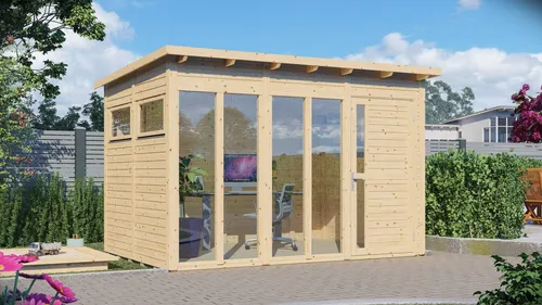 Gartenhaus BERTILO Pentus 3 Office, beige (natural) - Geräumiges Gartenhaus mit modernem Pultdach und bodentiefen Fenstern, ideal für Home Office oder Freizeit. Robuste Elementbauweise und 5 Jahre Herstellergarantie für langfristige Nutzung.