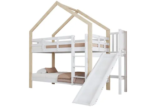 REDOM Etagenbett Holzbett mit Rutsche und Absturzsicherung 90x200 cm - Platzsparendes Etagenbett für Kinderzimmer, inklusive stabiler Rutsche und dreistufiger Leiter. Aus robustem Kiefernholz gefertigt, sorgt es für sicheren Schlaf und kreativen Spielspaß.