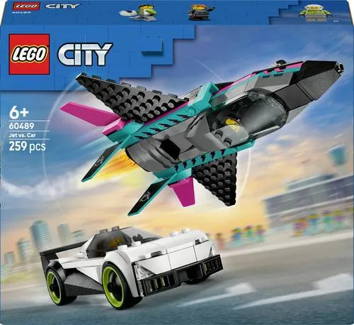 LEGO Düsenflieger vs. Rennauto - 60489 - Erlebe das spannende Duell zwischen LEGO® Supersportwagen und Jet. Baue, steuere und entdecke die aufregende Welt der LEGO® City No Limits Challenge. Wer wird das Rennen gewinnen? Spaß und Kreativität für alle Baumeister!