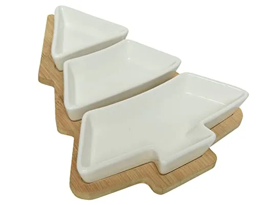 Kaemingk Tapas Schalen Set aus Keramik mit Holztablett 27x20cm Servierplatte Dip Antipasti Platte natur weiß