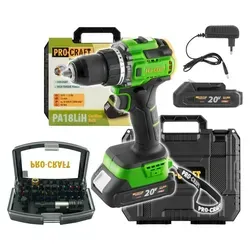 Procraft PA18LiH-1B-C Akku Bohrschrauber 20 V mit 32-tlg. Bit Set - Kompakter Akku Bohrschrauber mit 80 Nm Drehmoment und 20 V Leistung. Inklusive Bit Set für vielseitige Anwendungen im Heimwerkerbereich.