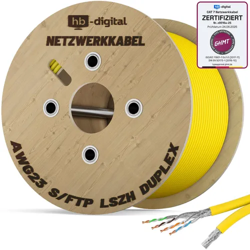 hb-digital CAT 7 Verlegekabel 250m - Netzwerkkabel der Kategorie CAT.7, ideal für schnelle Datenübertragungen bis zu 10 Gbit/s, halogenfrei und doppelt abgeschirmt für optimale Sicherheit und Leistung.