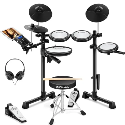 CAHAYA E-Drum Set, Elektronisches Schlagzeug mit Mesh-Fellen & Dual Trigger | 8-Zoll-Snare und 350 Sounds, Faltbarer Metall Drum-ruck sowie Komplettset mit Drumhocker Kopfhörer und Sticks für Anfänger
