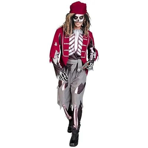 Skelett Piraten Herren Kostüm - OS Bunt - Kostüme für Halloween oder Karneval, inklusive Oberteil mit Weste, Gürtel, Hose und Bandana für einen gruseligen Look.