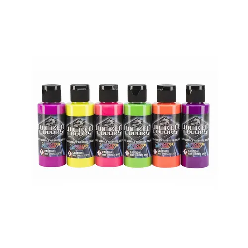 Wicked Colors Fluorescent Set 6x60ml - Basteln | Hochwertige, lichtechte und wasserbasierte Airbrush Farben für brillante Ergebnisse auf diversen Oberflächen, ideal für Custom Painting und detaillierte Arbeiten.