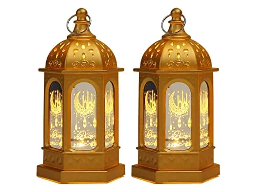 Hitopin 2 Stücke Ramadan Dekoration Laterne,Ramadan Deko Lampe,Ramadan Deko Licht Vintage Laterne Deko,Eid Mubarak Laterne Mond Stern Dekoration, für Ramadan Muslimische Home Tabletop Decor (Gold)