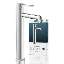 Schütte Waschtischarmatur LOS Angeles 33110 - Touch-On-Wasserhahn für Badezimmerwaschbecken mit hohem Auslauf (225 mm), ideal für Aufsatzwaschbecken und energiesparend durch Cold-Start-Funktion.