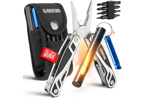AVENTURIS Multitool T12 - 21 Funktionen aus Edelstahl für Outdoor-Abenteuer - Multitools, robustes Edelstahl-Multitool mit 21 Funktionen, ideal für Camping und Outdoor-Aktivitäten. Inklusive Nylon-Gürteltasche und 10 Jahre Herstellergarantie.
