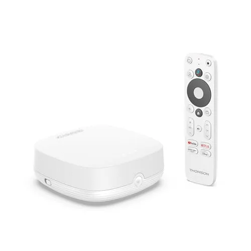 Thomson Streaming Box Plus 270 Weiß, Google TV, 4K UHD, Eingebauter Lautsprecher für Freisprecheinrichtung, Google Cast, Netflix, Disney+, WLAN, Multi-Plug-Netzadapter, 3 GB RAM, 32 GB Speicher