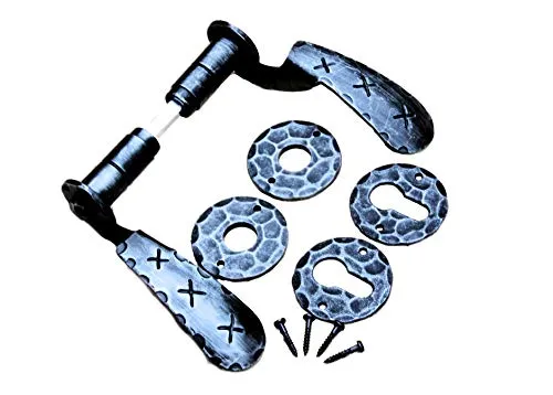 UHRIG Türklinken aus Schmiedeeisen mit PZ Rosetten, verzinkte Drückergarnitur, Drückerpaar antik für z.B. Haustür uvm.