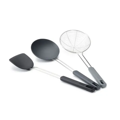 Joseph Joseph Nest Fusion 3-teiliges Silikon Edelstahl Wok Zubehör Set - Pfannenwender Set mit hitzebeständigen Silikonköpfen bis 270°C, ideal für Antihaft-Kochgeschirr. Platzsparend durch zusammensteckbare Griffe und inklusive Aufhängehaken.