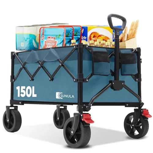 SUNULA Bollerwagen Faltbar Tragkraft 120KG, Klappbarer Handwagen mit EIN-klick-Handgriff & 4-seitig zusammenfaltbar, Geländegängig Räder mit Bremsen 150L, Grün