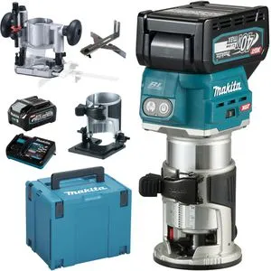 Makita RT001GM205 Akku-Multifunktionsfräse 40V max. - Fräsen mit Konstantelektronik für konstante Leistung, inklusive 2 Akkus und Ladegerät im praktischen MAKPAC, ideal für präzise Arbeiten.