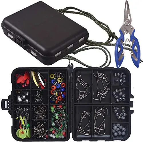 Newk 188tlg Angelzubehör-Set, Jighaken, Kugel-Bassgussgewichte, Angelwirbel, Angelschnapper, Angelgleiter, Angelset mit tragbarer Angelbox