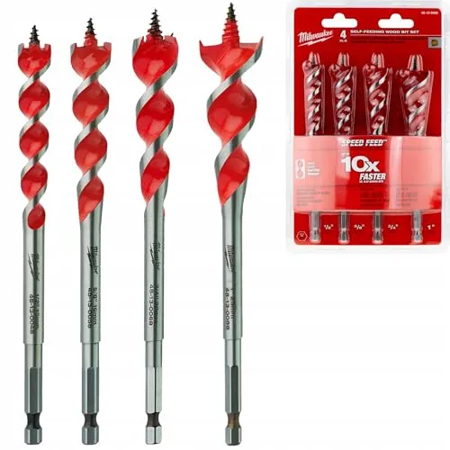Milwaukee SPEED FEED Holzbohrer Set 4-teilig - Bohrer für präzises Bohren in Holz, bis zu 20 mm Durchmesser, inklusive 13, 16, 20 und 25/165 mm Spiralbohrer.