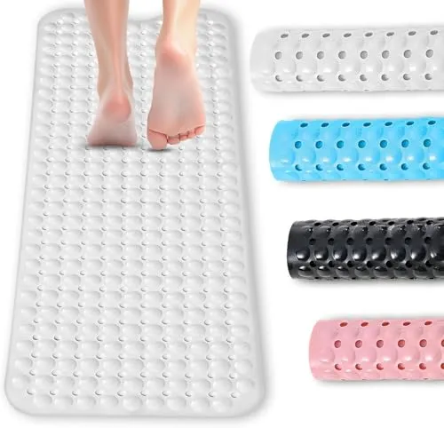 BASVII Badewannenmatte rutschfest 100 x 40 cm, Antirutschmatte Badewanne mit 300 Saugnäpfen aus PVC und Gummimaterial, 100% BPA-frei, Maschinenwaschbar, für Badewanne, Badezimmerboden (Weiß)