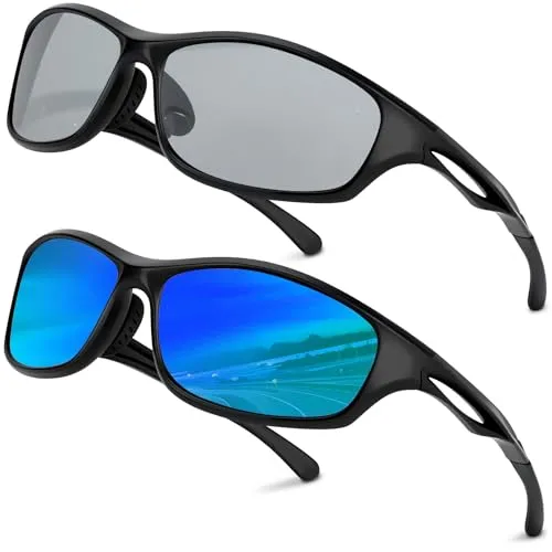 Sport Sonnenbrille Herren Polarisiert Set Fahrradbrille Herren Sport Sonnenbrille Damen Polarisiert,Ultra Leicht Sportbrille UV400 Schutz Blau, Grau Gläser Geeignet für Outdoor Aktivitäten 2