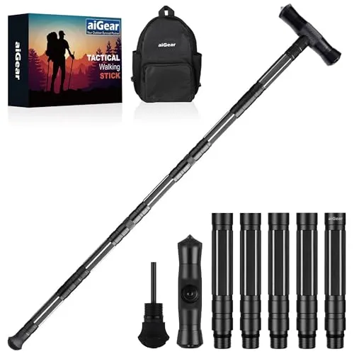 aiGear Wanderstöcke 5 Rohres Schwarz Aluminium rutschfest und Stoßfest | Trekking Stöcke, Walkingstöcke Multifunktionale Bergsteiger Ausrüstung, für Outdoor Wandern Camping Geschenke