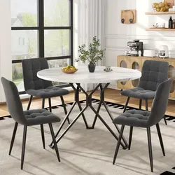 Esstisch-Set (5-teilig) mit 4 Stühlen – Moderner runder Küchentisch 100 cm Durchmesser in Grau/Schwarz/Gold - Modernes 5-teiliges Esstisch-Set mit einem runden Tisch (100 cm Durchmesser) und 4 eleganten Stühlen. Ideal für stilvolle Essbereiche und vielseitige Nutzung in der Küche. Hochwertige Materialien sorgen für Langlebigkeit und Komfort.