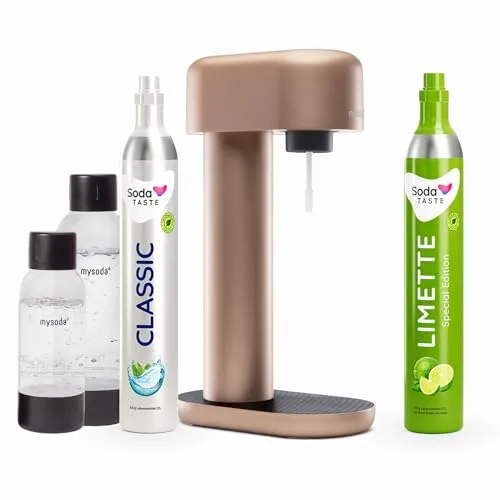Sparpaket: Mysoda Ruby - Wassersprudler aus Aluminium mit 1L und 0,5L BPA-freier Plastikflasche, CO2-Zylinder Classic + CO2-Zylinder Limette (Kupfer)