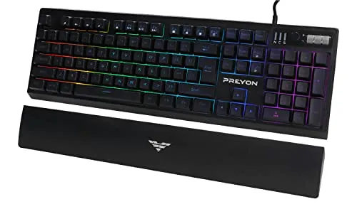 PREYON Long Claw Alpha Gaming Tastatur - Tastatur mit beleuchteten Tasten, Lautstärkeregler und ergonomischer Handballenauflage, ideal für Gamer und Büroarbeiten.