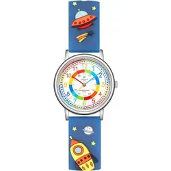 Alienwork Weltraum Alien Lernuhr Kinderuhr Jungen Uhrzeit lernen Silber Kautschuk-Armband Blau Mehrfarbig Kinder-Uhr Wasserdicht 5 ATM Zeit Lernen