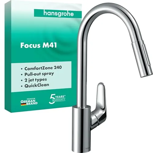 hansgrohe Focus M41 - Küchenarmatur mit ausziehbarer Brause, 2 Strahlarten und 240 mm Auslaufhöhe, schwenkbar und mit QuickClean für einfache Reinigung
