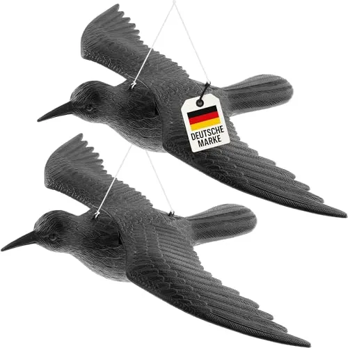 2X WELLGRO Vogelschreck Krähe – Raben Attrappe zur Vogelabwehr & Taubenabwehr – fliegend – schwarz, Kunststoff – für Balkon & Garten