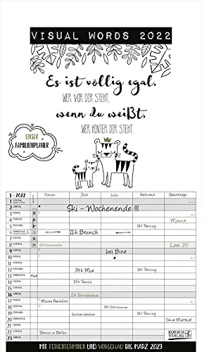 Visual Words Familienplaner 2022: Familienplaner mit 5 breiten Spalten. Typo-Art Familienkalender mit Ferienterminen, Zusatzspalte, Vorschau bis März 2023 und vielem mehr.
