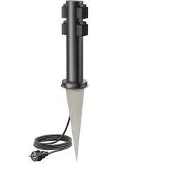 ledscom.de Garten-Steckdosen-Säule PORU mit Erdspieß und 2m Kabel für außen, 4-Fach, Edelstahl, schwarz, rund, 38cm