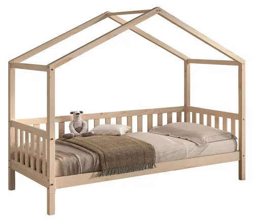 Hausbett Kapua 90x200 – Flexibles Bodenbett aus Kiefer Massivholz - Modernes Hausbett für eine Liegefläche von 90 x 200 cm, ideal als Bodenbett oder Tagesbett. Hergestellt aus massiver Kiefer, bietet es Stabilität und eine natürliche Ausstrahlung. Inklusive Lattenrost und abnehmbarem Dach.