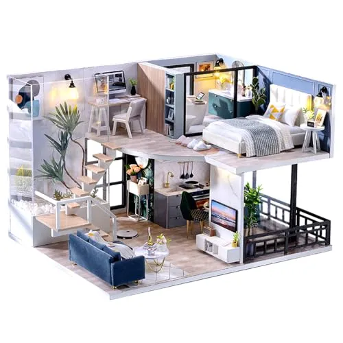 Fsolis DIY Puppenhaus Miniatur Kit mit Möbeln,Miniatur Puppenhaus,Kit Holzpuzzle Modernes Haus beleuchtet Miniatur Kit Dekoration