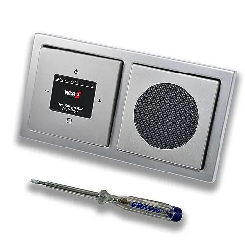 Busch Jäger DAB+ (DAB PLUS) Unterputz Radio 8215U-101 PUR Edelstahl, Komplett-Set mit Lautsprecher, Abdeckungen und Rahmen + EBROM Phasenprüfer zur Montage der Geräte - 8215 U – 101